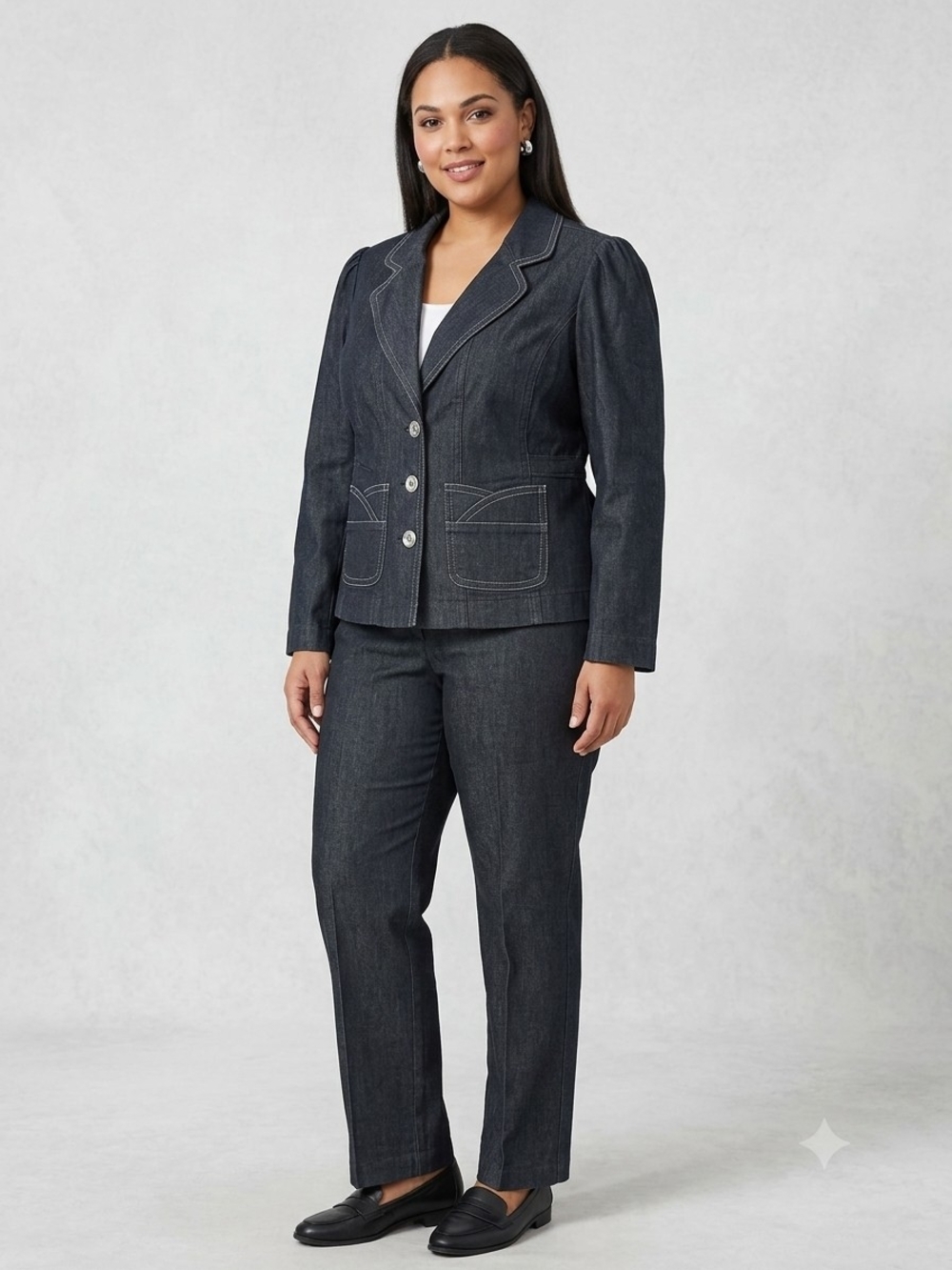 Cato Woman Dark Wash Denim Pantsuit Size 16W Like New 2 Pc Blazer & Trousers Set